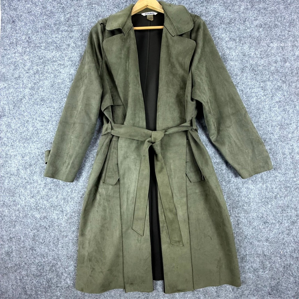 Nygard Trench Coat Womens XL Olive Green Stretch Winter Notch Lapel Tie Waist